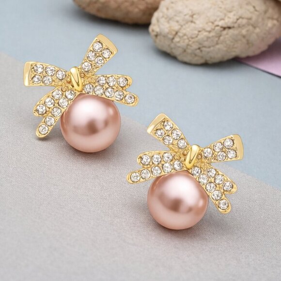 Coquette Pink Pearl Bow Earrings Gold Crystal Ribbon Studs Dainty Balletcore - Picture 6 of 14